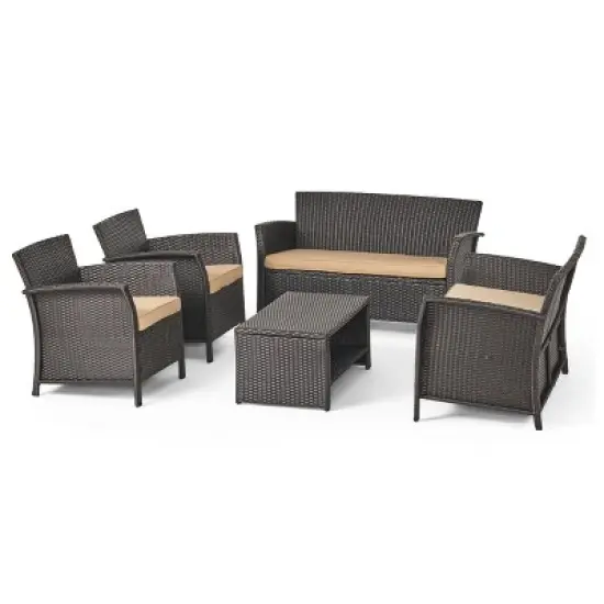 Christopher Knight Home Lucia Outdoor Wicker 6 Seater Chat Set with Cushion, Brown/Tan image {9}