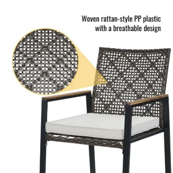 FIONECA All-Weather 5-Piece Patio Dining Set with Acacia Wood Table Top & Umbrella Hole, Coffee Brown Rattan Outdoor Conversation Set image {7}