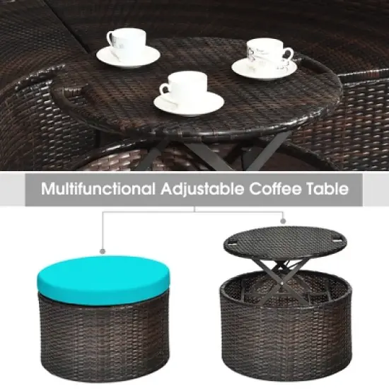 Tangkula Cushioned Patio Rattan Round Daybed w/ Adjustable Table 3 Pillows Turquoise image {9}