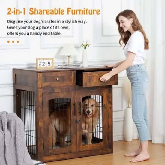 Wooden Dog Crate End Table with 3 Doors, 2 Drawers & Cushion | Furniture-Style Kennel for Small Large Breeds image {7}