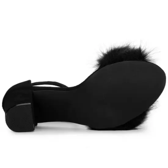 Allegra K Women's Faux Fur Ankle Strap Block Heels Sandals image {5}