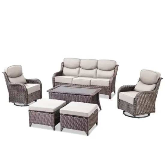 Gymojoy 6 Pieces Outdoor Patio Sofa Ottoman with Swivel Chairs Table image {2}