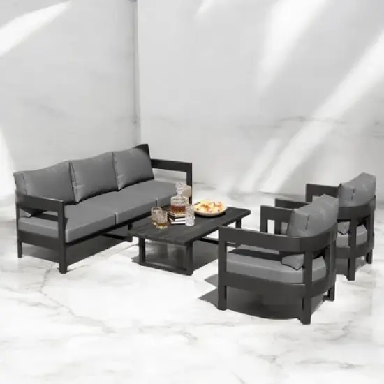 Mshliw Outdoor Seating Set with Cushions Patio Furniture Sets&ndash; Iron Chairs, Plastic Wood Table, Ideal for Patios, Gardens, and Poolside image {4}