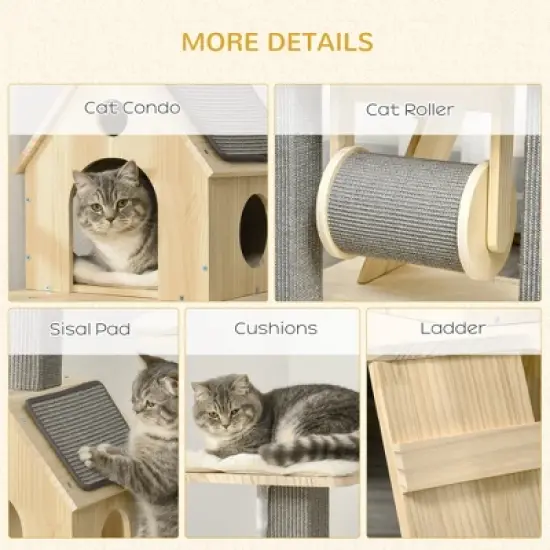 YOOCOZZ PawHut Cat Tree, with Pillow-Covered Perches, Spinning Toy, Scratching Posts, Cat Condo and Ladder-Natural image {5}