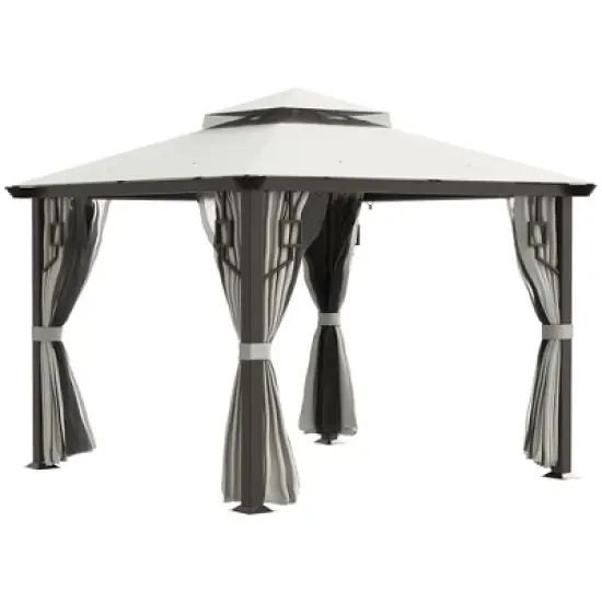 Outsunny 10' x 10' Patio Gazebo Outdoor Canopy Shelter with Aluminum Frame, Double Tier Roof, Netting and Curtains for Garden, Lawn, Cream White image {6}