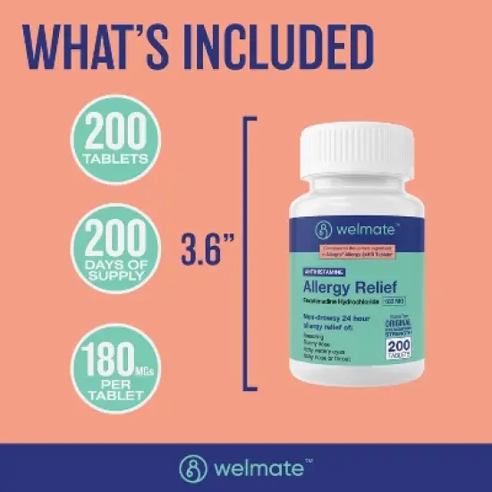 WELMATE 24 Hour Allergy Relief Tablets - Fexofenadine HCl 180mg 200ct image {5}