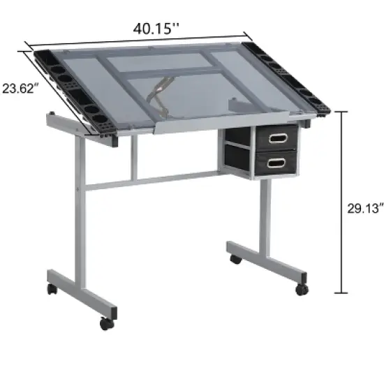 Gulches Adjustable Art Drawing Desk with 2 Fabric Drawers 4 Lockable Wheels 0 70Degree Tilt 2x24inch Pencil Ledge Transparent Glass Top image {3}