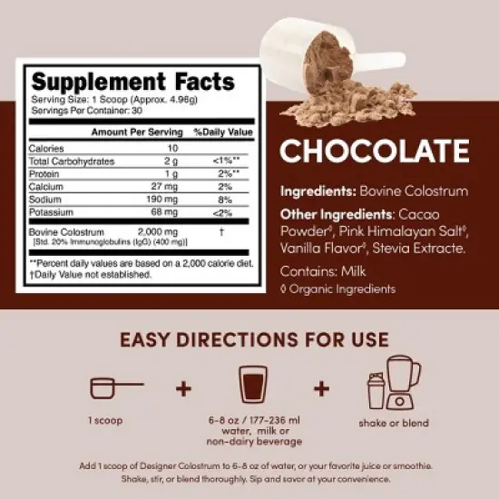 Designer Wellness, Pure Bovine Colostrum Powder, Gut Health & Bloating, Skin & Hair, Gluten Free, Chocolate, 30 Servings image {3}
