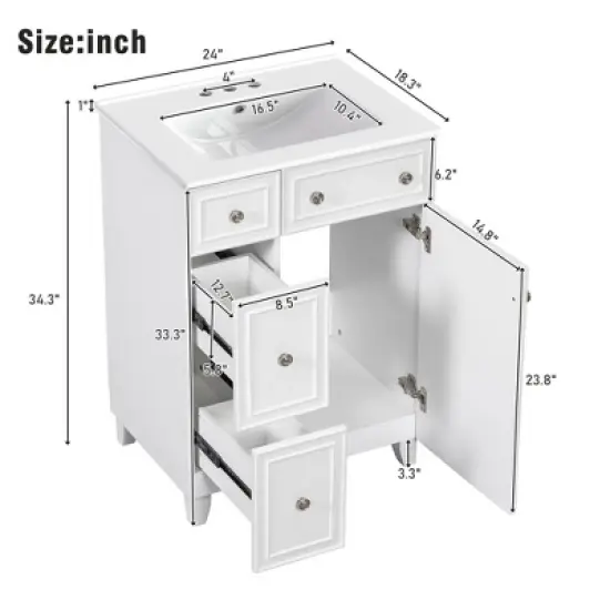 Mshliw 24" Bathroom Vanity with Ceramic Sink, 2 Drawers, Soft-Close Door, Freestanding Cabinet for Small Spaces, MDF and Wood image {13}