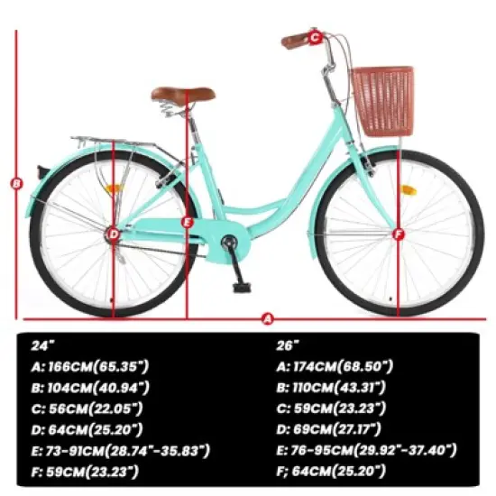 24 & 26 Inch Beach Cruiser Bike for Women, Bike with Basket 1 Speed, Step Through Bikes, Commuter Bicycle Women Adult with Adjustable Seat image {1}