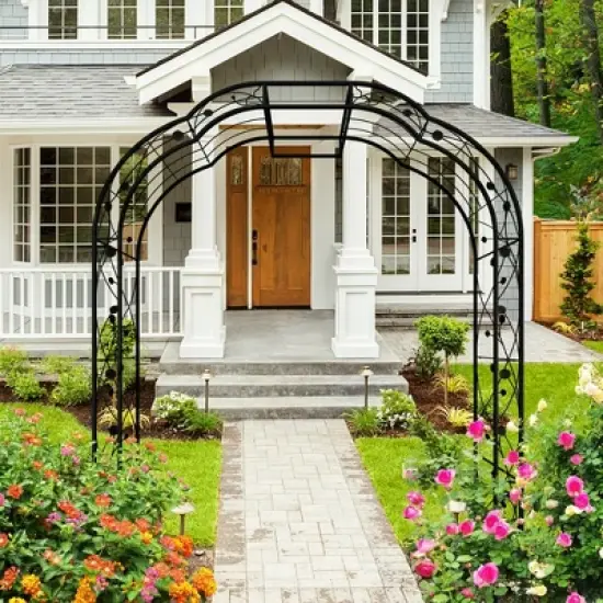 Lirago Black Metal Garden Arch-Galvanized Iron Trellis Rose Arch Outdoor Garden Decor with Gate Design 15.3"Dx98.42"Hx74.4"W image {2}