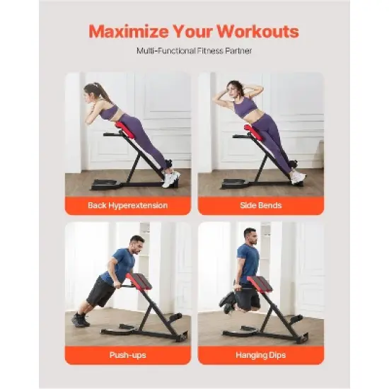 VEVOR Roman Chair Hyperextension Bench, 300 lbs Adjustable Extension Machine, Multi-Function Exercise Equipment for Glute, Hamstring, Black image {2}