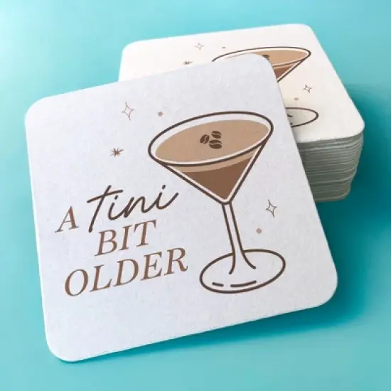 Big Dot of Happiness 25 Ct Espresso A Tini Bit Older Drink Coasters, 4-Inch Disposable Square Paper Coasters for Coffee Martini Birthday Party image {1}