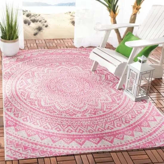 Courtyard CYH8734 Power Loomed Indoor/Outdoor Area Rug - Light Grey/Fuchsia - 5'3" X 7'6" - Safavieh. image {6}
