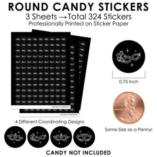 Big Dot of Happiness Masquerade - Venetian Mask Party Small Round Candy Stickers - Party Favor Labels - 324 Count image {2}