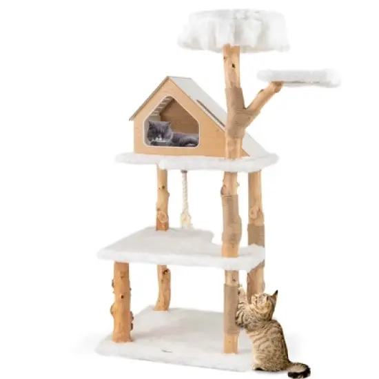 Costway 60" Tall Solid Wood Cat Tree with 2 Perches Condo Jute Scratching Posts Sisal Rope image {10}