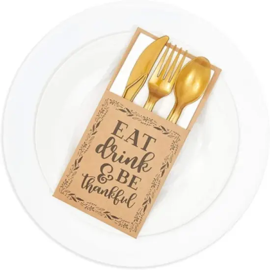 Sparkle and Bash 36 Pack Thanksgiving Dinner Party kraft Utensil Holder Pockets, Eat Drink & Be Thankful image {2}