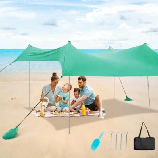Costway Family Beach Tent Canopy w/4 Poles Sandbag Anchors 10'x9' UPF50+ Purple/Green/Blue image {7}