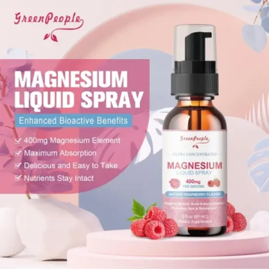 GreenPeople Magnesium Glycinate Liquid Spray 400mg - for Calm Support, Muscle, Bone & Sleep Support - 2 Fl Oz (Raspberry Flavor) image {2}