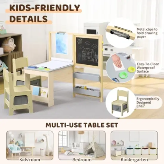 Wooden Easel for Kids, Kids Art Table and 2 Chairs,Art Center with Double-Sided Blackboard & Whiteboard, Paper Roll for Drawing image {4}