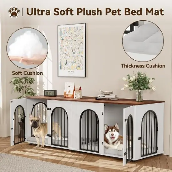 71" Large Dog Crate Furniture for 2 Dogs, Wooden Double Dog Crate, Indoor Dog Kennel TV Stand with Divider and Cushion for Large Medium Dogs,White image {6}