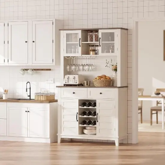 Acekool 72" Tall Kitchen Pantry Cabinet with Hutch, 4 Doors, 2 Drawers, Wine & Glass Rack, Adjustable Shelves, Large Buffet Storage,White image {8}