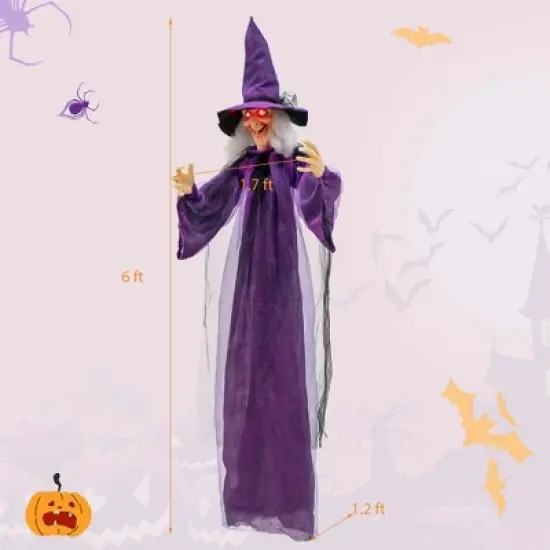 Costway 6 FT Halloween Animatronic Witch Hanging Decoration with Red Eyes & Posable Arms image {7}