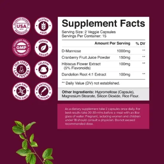 Urinary Tract Support Supplement, High Potency D-Mannose with Cranberry Juice Powder & Dandelion for Urinary Tract Health, Nature's Craft, 30ct image {2}