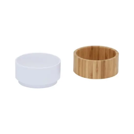 Teamson Pets Billie Raised Dishwasher Safe Food Grade White Ceramic Pet Bowl with Round Ergonomic Bamboo Stand and Non-Slip Padded Bottom, Brown image {4}