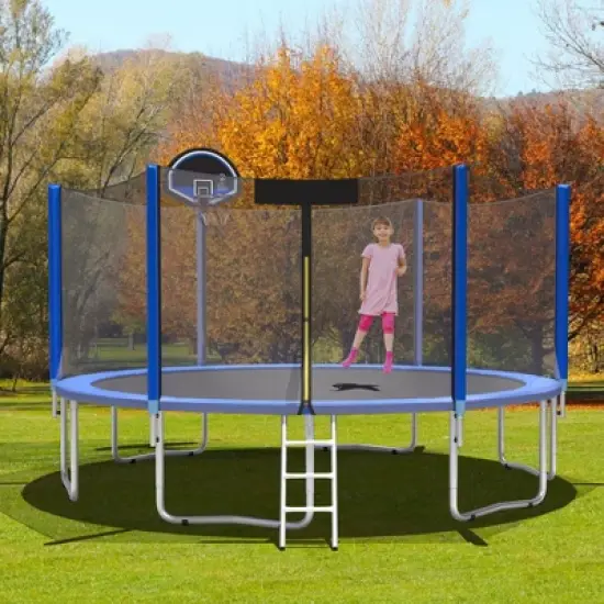 Costway 12/14/15ft Trampoline w/ Safety Enclosure Net Ladder Basketball Hoop image {4}