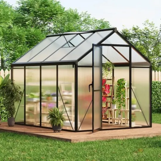 Greenhouse, 6x8 FT Walk-in - Heavy Duty Aluminum Polycarbonate Outdoor Greenhouse with Roof Vent, Sliding Lockable Door, Ground Nails, Black image {8}