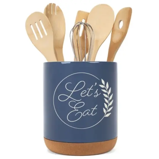 Elanze Designs Let's Eat Laurel Wheat Ceramic Cork Bottom Navy Blue Large Capacity Utensil Holder Crock for Countertop Storage, Stylish & Durable for image {4}