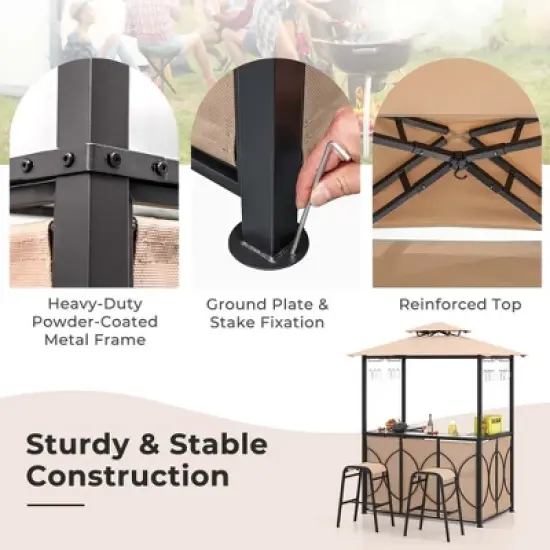 Costway 3 PCS Patio Bar Set with Tempered Glass Bar Table Metal Storage Shelves for Garden Brown/Grey image {7}