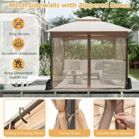 Costway 10 X 10/12 FT Patio Gazebo with Netting Walls 4 Sandbags Zippered Doors Outdoor Gray/Beige image {6}