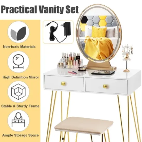 Costway Vanity Makeup Dressing Table W/ 3 Lighting Modes Mirror Touch Switch White image {5}