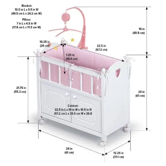 Badger Basket Cabinet Doll Crib with Gingham Bedding and Free Personalization Kit - White/Pink image {9}