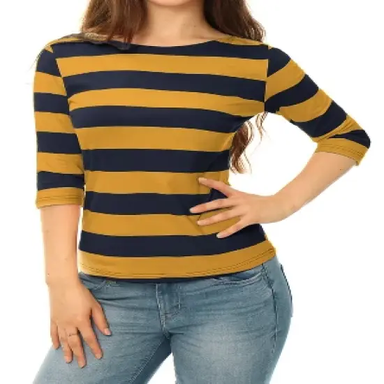 Allegra K Women's Elbow Sleeves Casual Basic Boat Neck Slim Fit T-Shirts image {15}