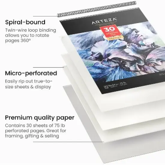Arteza Spiral Paper Pad for Drawing or Sketching, 18x24" , 30 sheets image {1}