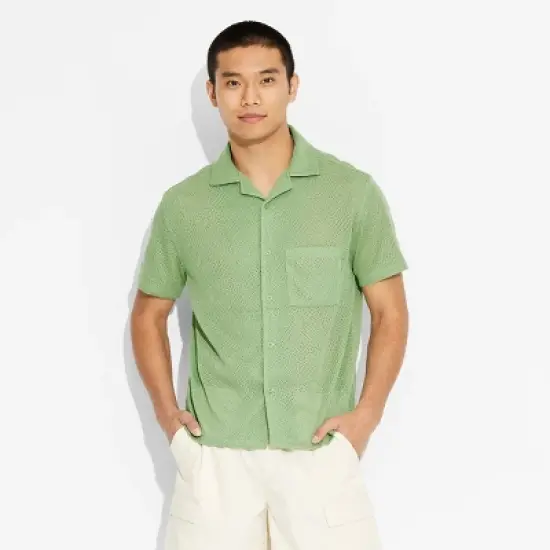 Men's Short Sleeve Knit Button-Down Shirt- Original Use&trade;- Green image {1}