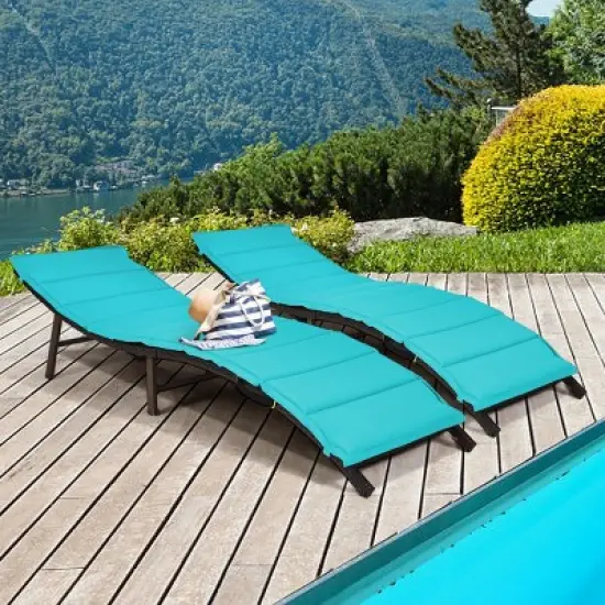 Tangkula 2PCS Outdoor Patio Rattan Wicker Lounge Chair Chaise Folding W/Cushions Turquoise image {3}