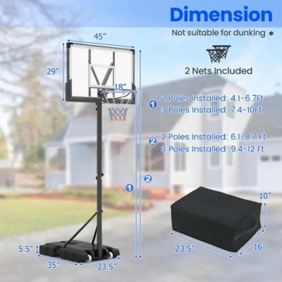 Costway Basketball Hoop Outdoor System with 45 Inch Shatterproof PC Backboard Wheels image {2}
