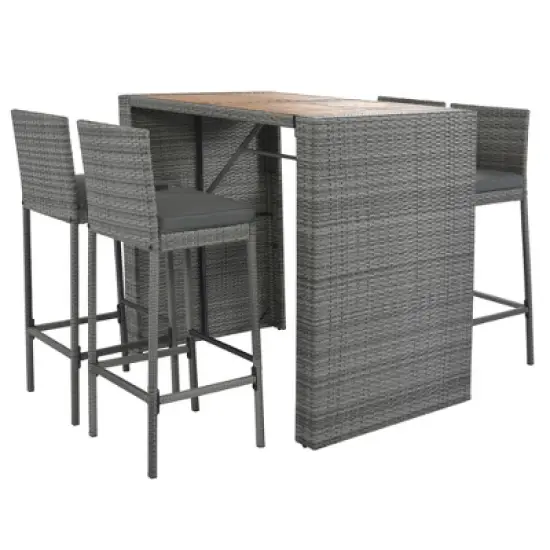 5-Piece Outdoor Wicker Counter Height Dining Set with Removable Cushion and Acacia Wood Table Top image {1}