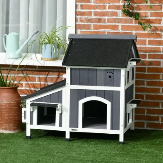 PawHut Outdoor Cat House with Weather-resistant Roof & Garden Bed, Outdoor Cat Shelter Enclosure with Multiple Entrances, Cat Furniture Hideout, Gray image {1}