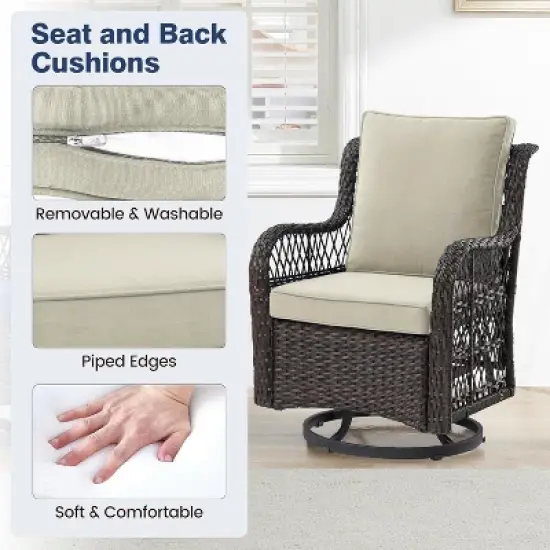 3 Pieces Outdoor Swivel Rocker Chair Set Swivel Glider Rocker Rocking Chair Set with Glass Top Table with Thick Cushions for Backyard, Balcony, Deck image {3}