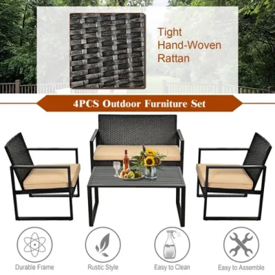 Costway 4PCS Patio Rattan Furniture Set Cushioned Sofa Coffee Table Garden Deck Brown image {4}