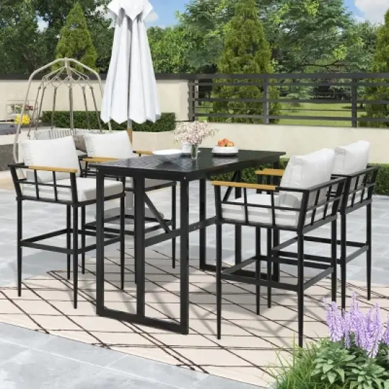 5-Piece Outdoor Dining Set, Patio Bar Sets with Dining Table and High Seat Dining Chairs, Iron Chairs with Foam Cushions&ndash;Cuddlewood image {1}