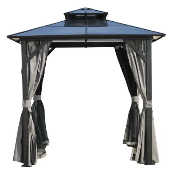 8 ft. x 8 ft. Hardtop Outdoor Gazebo, Polycarbonate Double Roof BBQ Gazebo with Aluminum Frame, Storage Hooks, Curtains image {1}