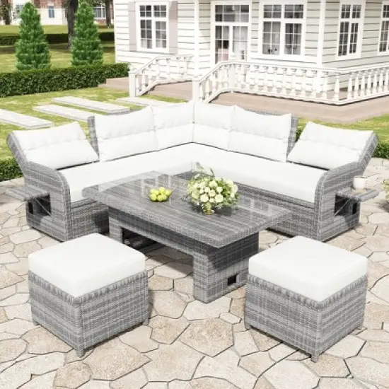 FIONECA Outdoor Patio Rattan Furniture Set with Adjustable Table, Recliners & Ottomans &uml;C Beige, Perfect for Backyard, Lawn, or Pool image {1}