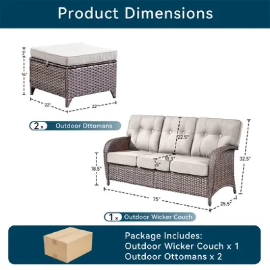 Gymojoy 3 Pieces Outdoor 3-Seat Sofa with Ottomans image {1}