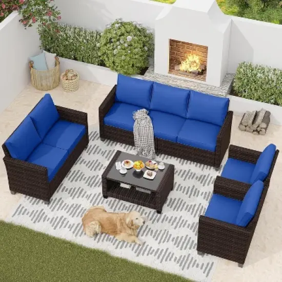 Acekool 8-Piece Outdoor Patio Conversation Set with Thick Cushions, Tempered Glass Coffee Table, and Storage for Garden, Porch & Backyard image {7}
